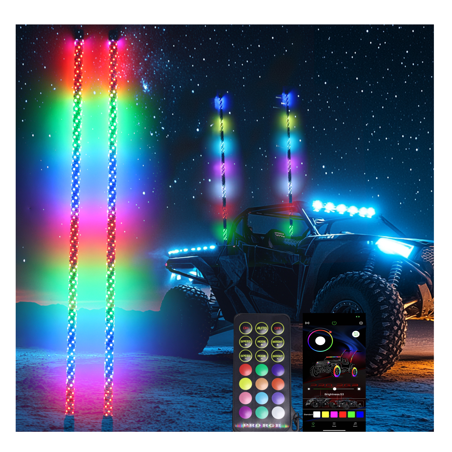 Customizable Flag Led Whips 4ft APP Remote 366 Mode RGB Chasing Antenna LED Whip Light for UTV ATV RZR SXS Dune Buggy