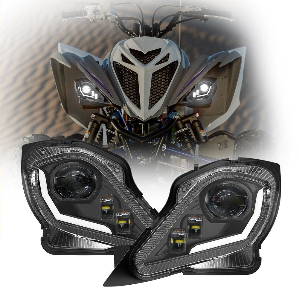 Quad Bike Accessories for Yamaha 2006-2022 Raptor 700 LED Projector Headlights White/Amber Halo ATV Headlights