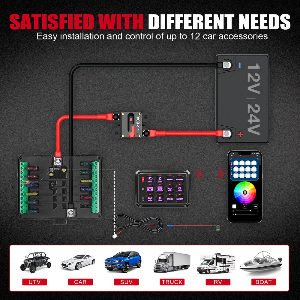 App Control Aux Automotive Circuit Control Relay System Box Rgb 12v Bluetooth Switch Panel for SUV ATV UTV Marine Truck