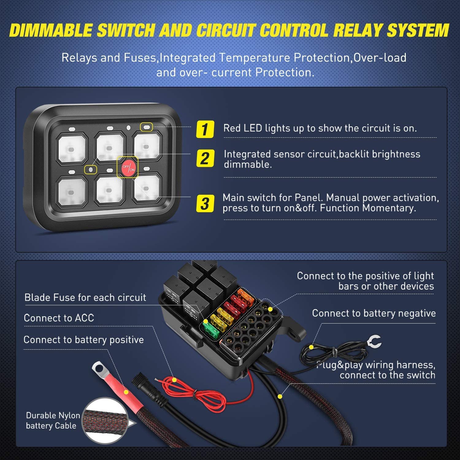 12v Automatic Dimmable 6 Gang Switch Panel With Universal Circuit Control Relay System Box for Cars Trucks Boats ATV UTV SUV