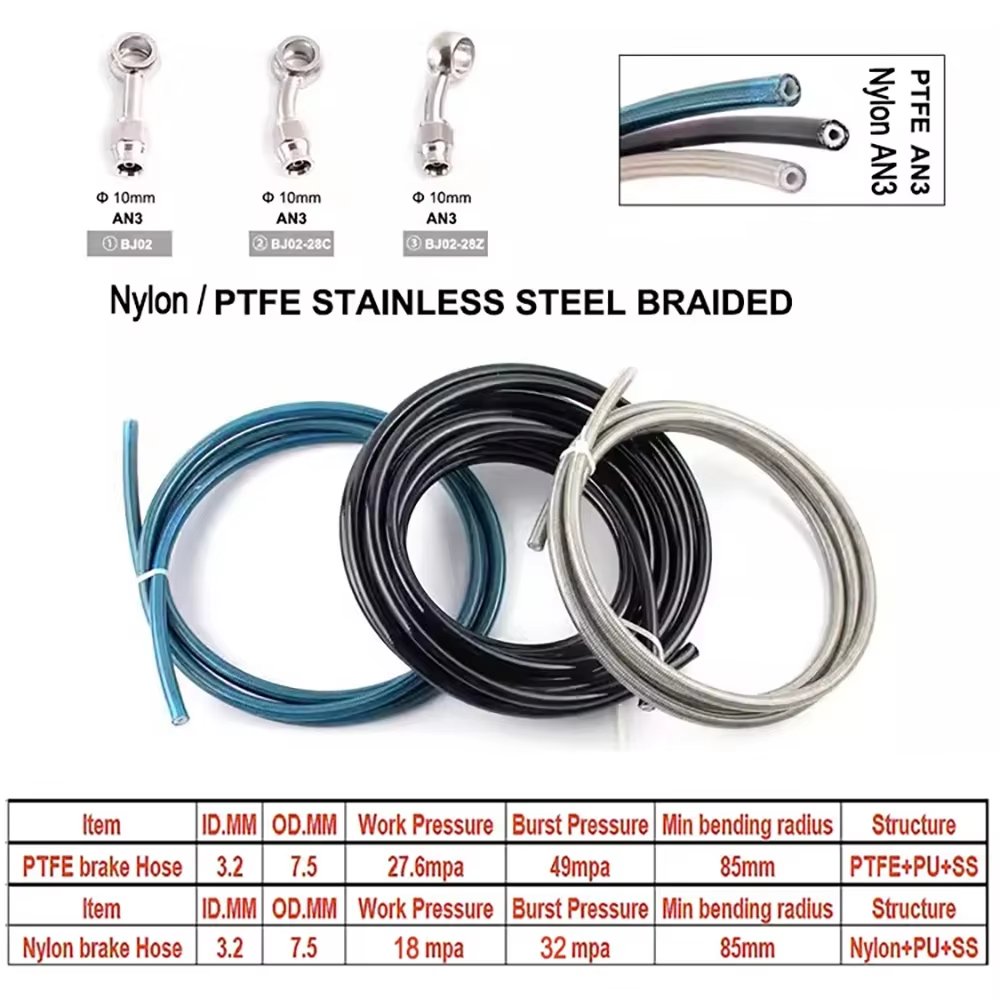 AN3 1/8 Hose Stainless Steel Braided Motorcycle Hydraulic Brake Hoses Nylon/PTFE Clutch Oil Lines Dirt Bike Modification Pipes