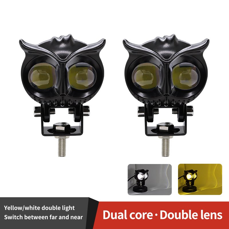12-80V Motorcycle Headlight Waterproof LED Work Light Owl Shape Motorcycle Headlamp Car Lights Yellow Low Beam White High Beam
