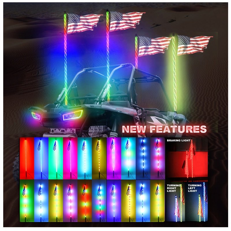 3FT 4FT 5FT Spiral RGB Led Whip Light Chasing Light Blue-tooth Control Antenna Whips for Can-Am ATV UTV RZR Polaris