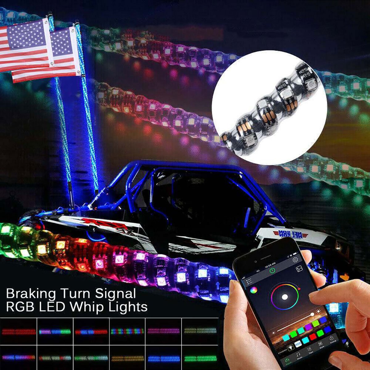 Car Decorative Light 1FT 2FT RGB Dream Chasing Color Whip Light App and Remote Control Super Bright ATV UTV LED Whip Light