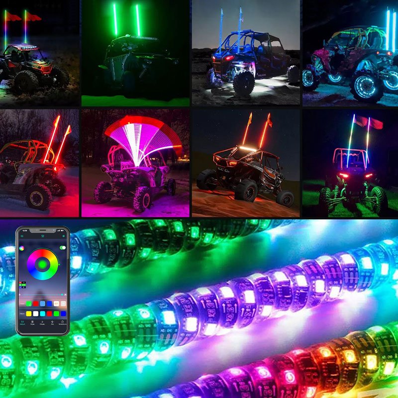 Car Decorative Light 1FT 2FT RGB Dream Chasing Color Whip Light App and Remote Control Super Bright ATV UTV LED Whip Light
