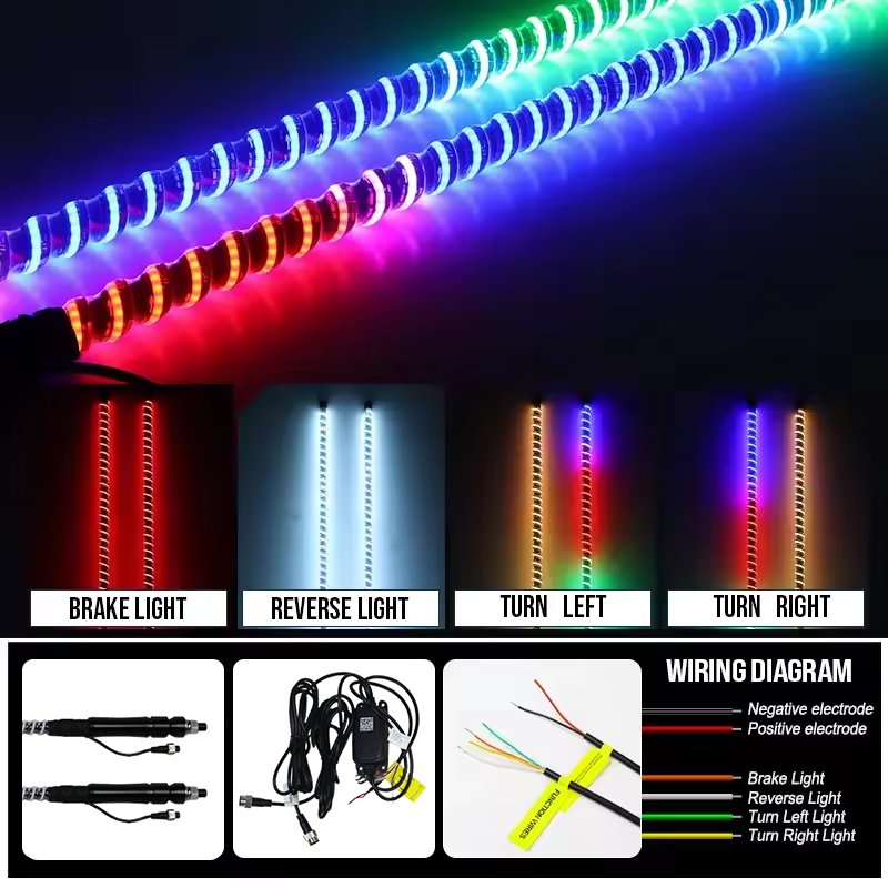 2ft-6ft LED Lighted Safety Whip Antennas Chasing Colors Flag for ATV UTV Buggy RZR Offroad Cars-New Condition