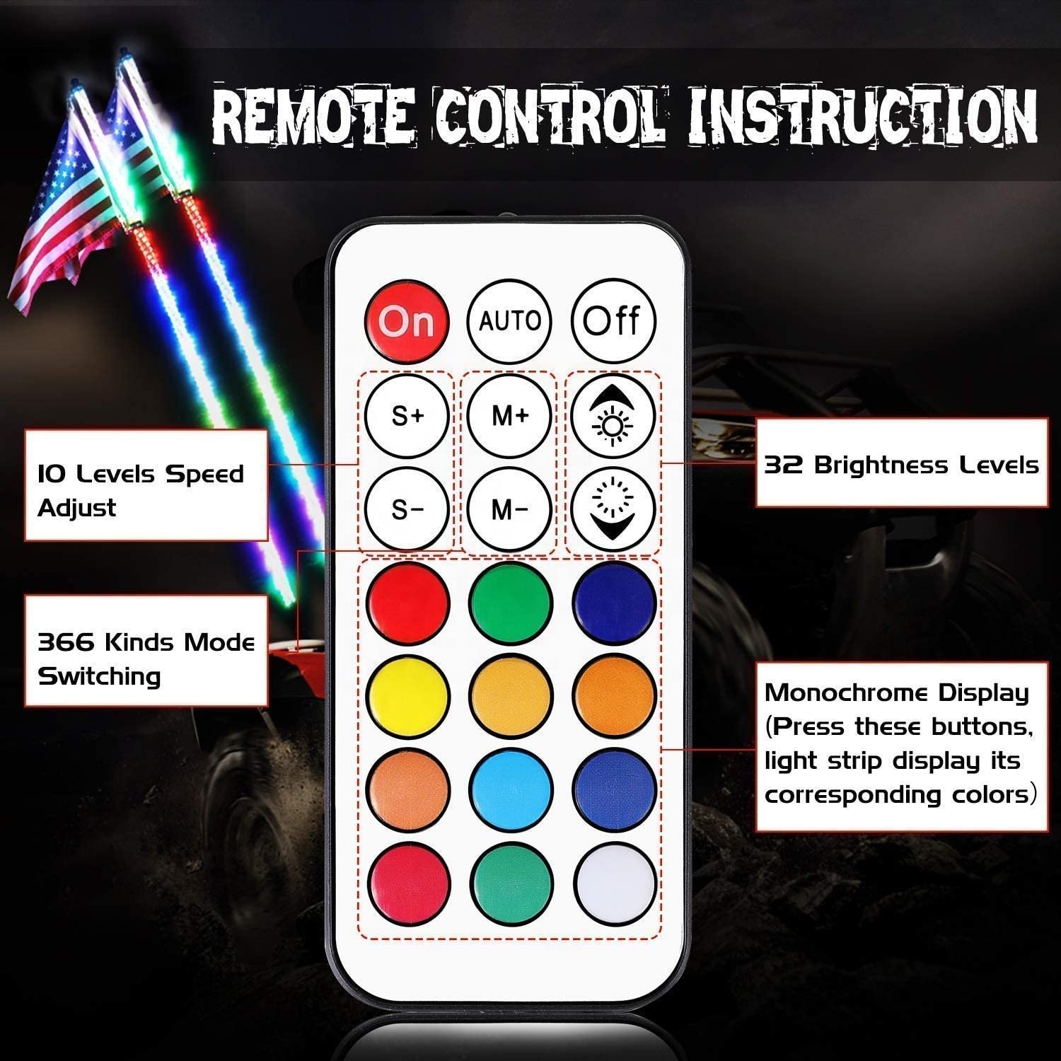 LED Whip Remote Control with APP for Can Am Maverick, 3ft/4ft/5ft/6ft Length, WD WHIP, ATV/UTV Accessories