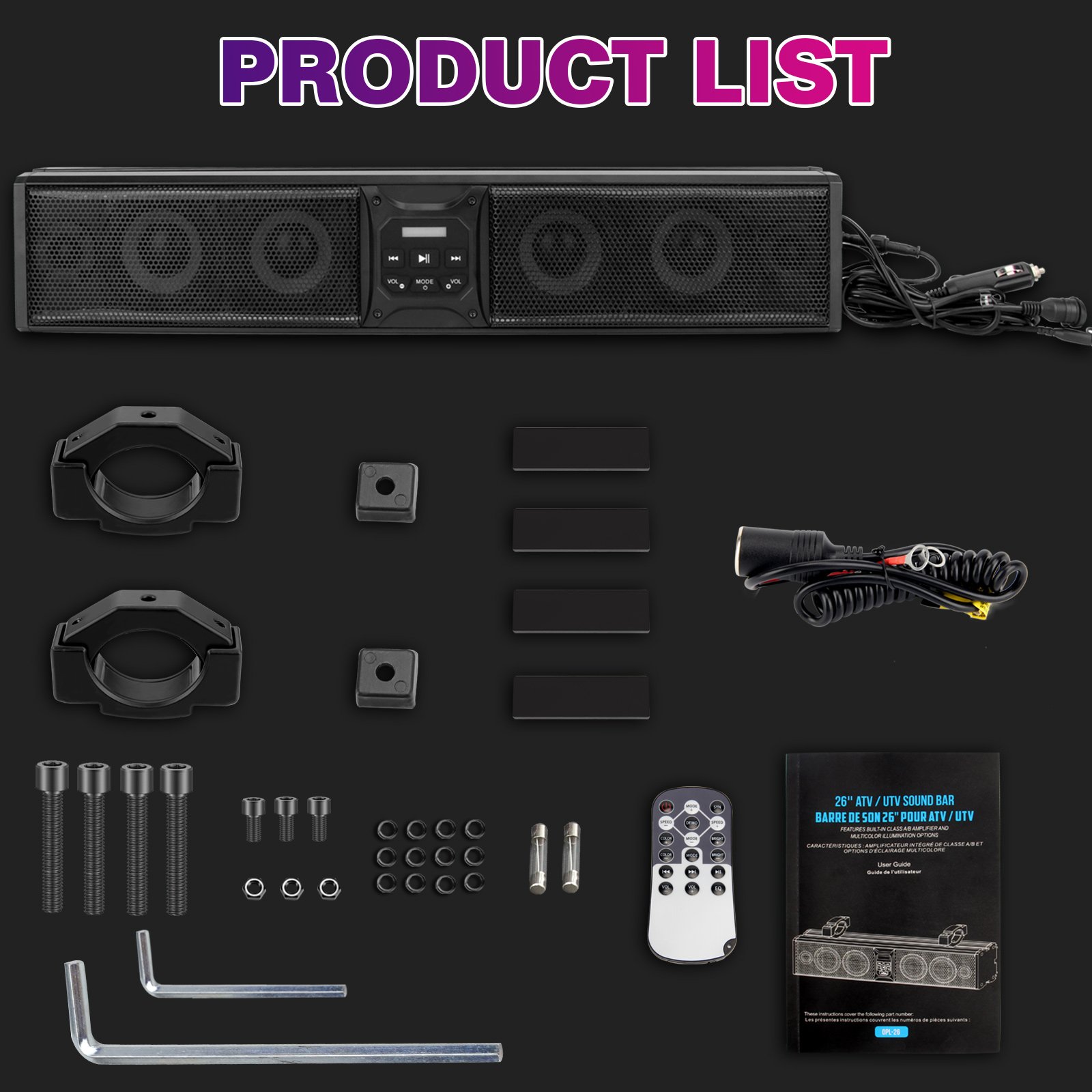 OPPLIGHT 26" ATV UTV Sound Bar RGB COLOR 26 Inch Golf Cart Bluetooth Speaker 6-speaker Sound bar Rgb Led Speakers Amplified