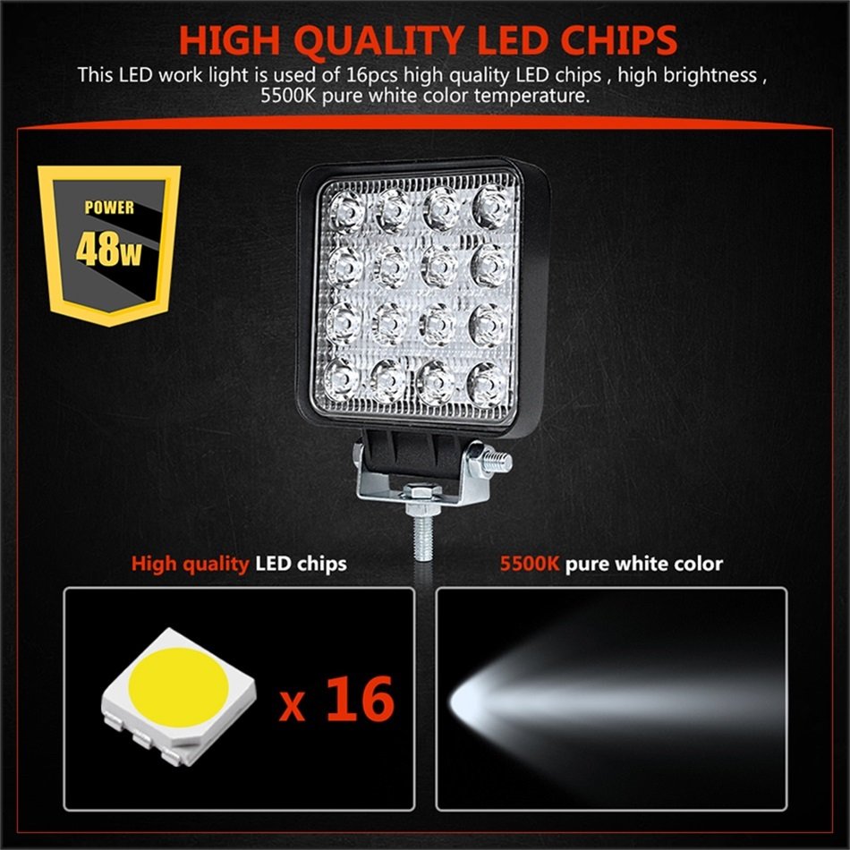16LED 4 Inch 48w LED Work Light Bar Square Automotive LED Bar White Spotlight for 4x4 Offroad 4WD Car SUV ATV Tractor Boat Truck