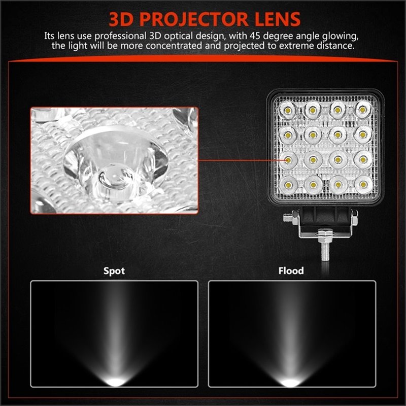 16LED 4 Inch 48w LED Work Light Bar Square Automotive LED Bar White Spotlight for 4x4 Offroad 4WD Car SUV ATV Tractor Boat Truck