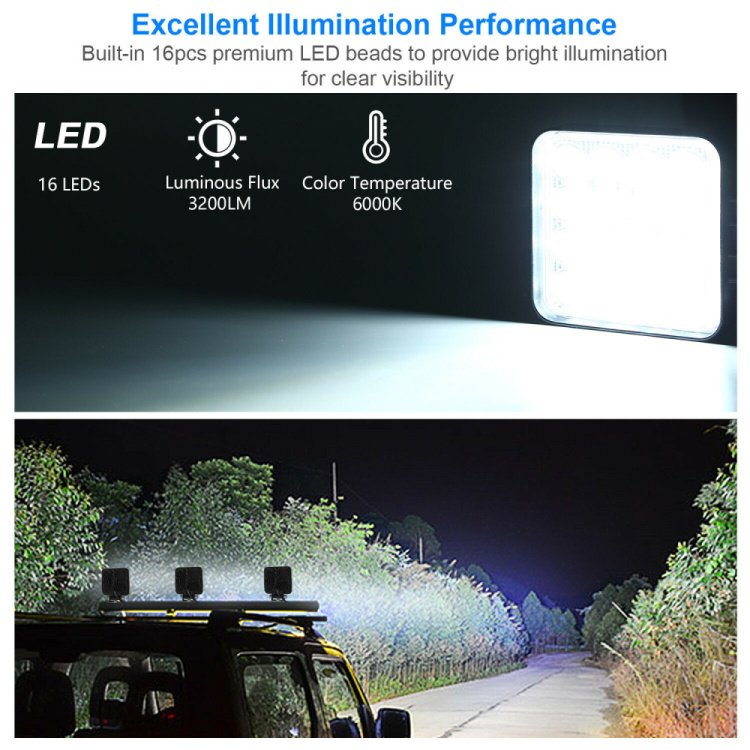 16LED 4 Inch 48w LED Work Light Bar Square Automotive LED Bar White Spotlight for 4x4 Offroad 4WD Car SUV ATV Tractor Boat Truck