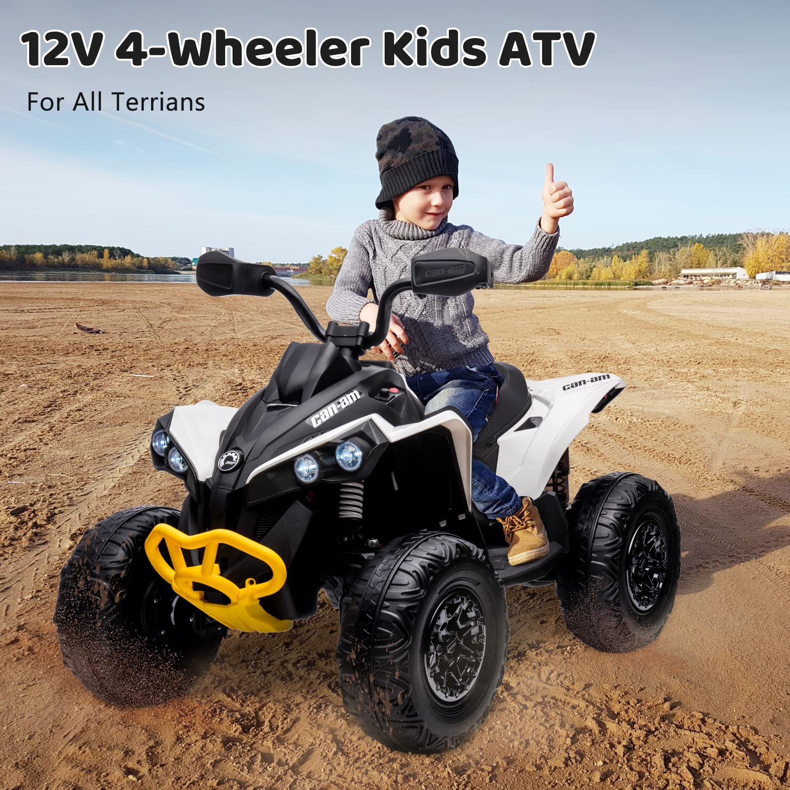 Kids ATV 4 Wheeler, 12V Ride on Toy Car Can-am Quad Electric Vehicles with Remote Control LED Lights, Spring Suspension