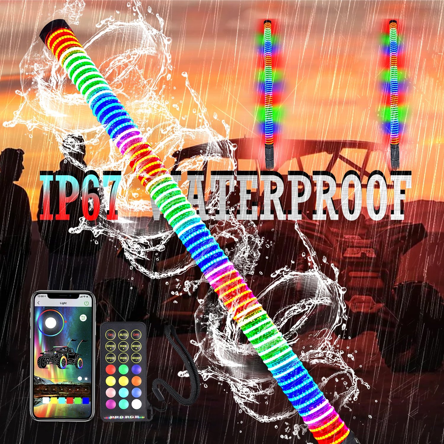 Fat Spiral COB LED Whip Lights for Side by Side with RF/APP Control RGB Chasing Led Antenna Whip for UTV ATV Buggy RZR Can-Am