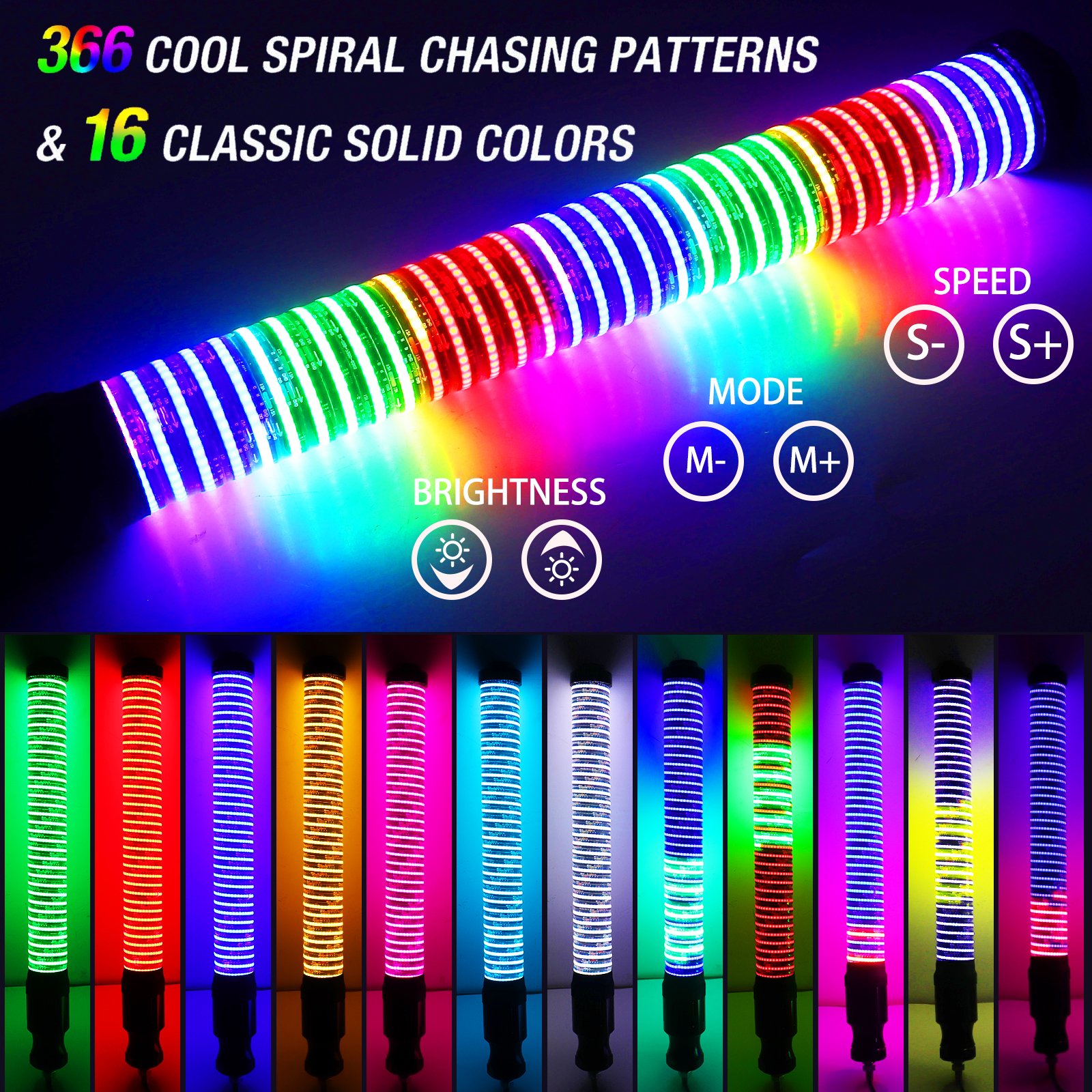 COB Multicolor Fat Whip BT and Remote Control New Chubby Whip Lights for ATV UTV Polaris RZR Can-Am Offroad