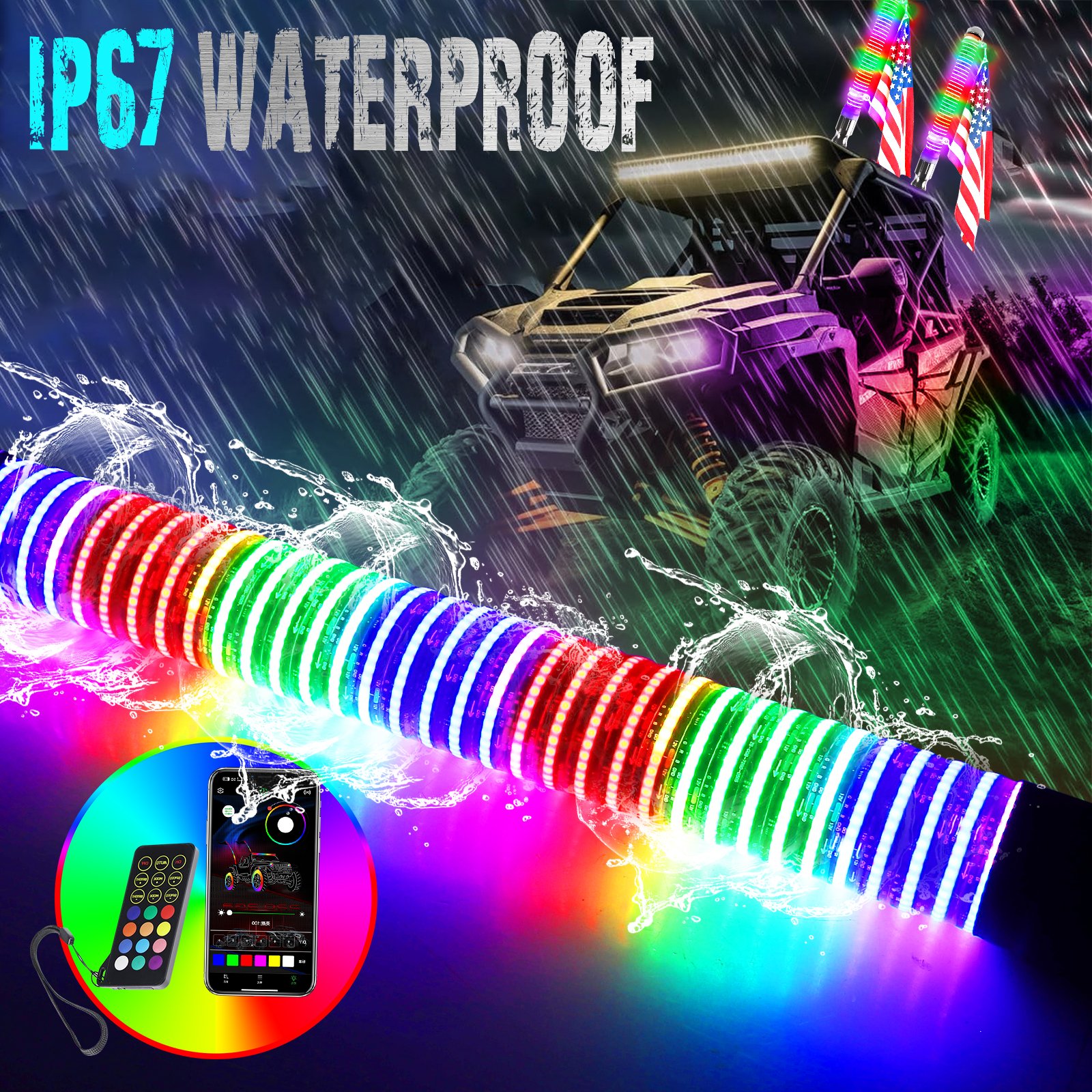COB Multicolor Fat Whip BT and Remote Control New Chubby Whip Lights for ATV UTV Polaris RZR Can-Am Offroad