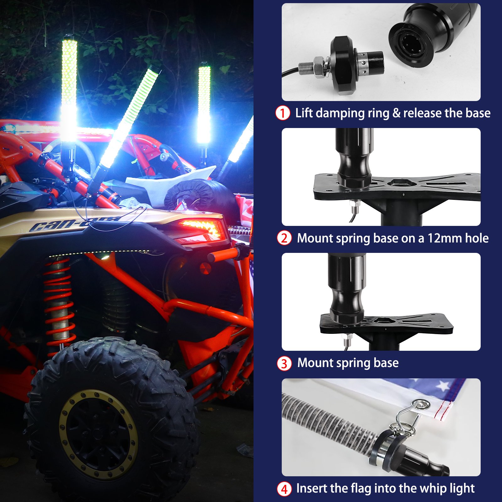COB Multicolor Fat Whip BT and Remote Control New Chubby Whip Lights for ATV UTV Polaris RZR Can-Am Offroad