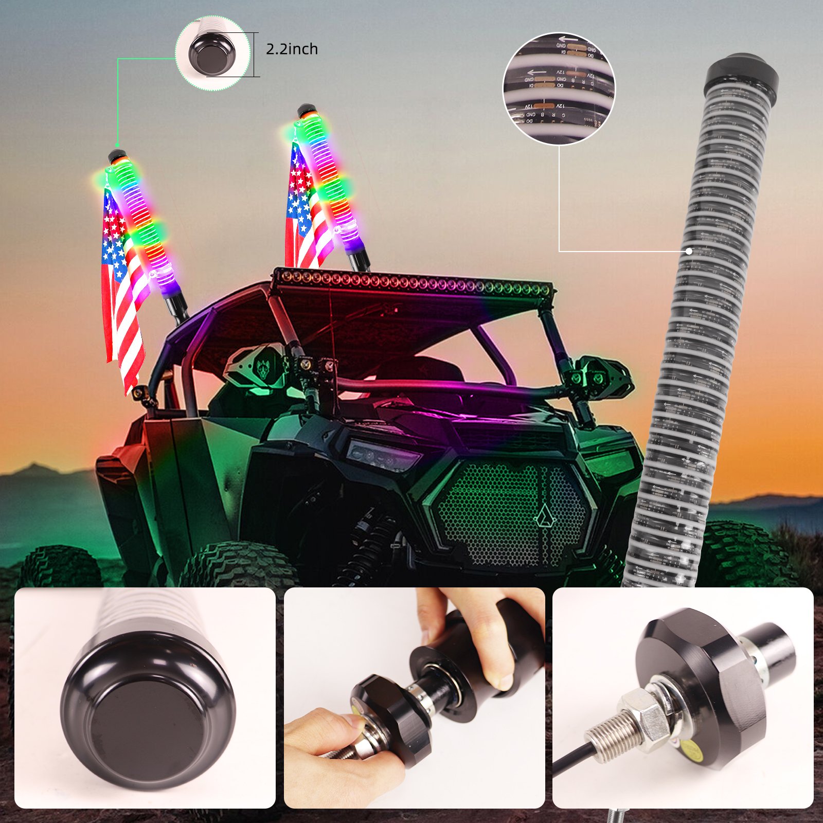 COB Multicolor Fat Whip BT and Remote Control New Chubby Whip Lights for ATV UTV Polaris RZR Can-Am Offroad