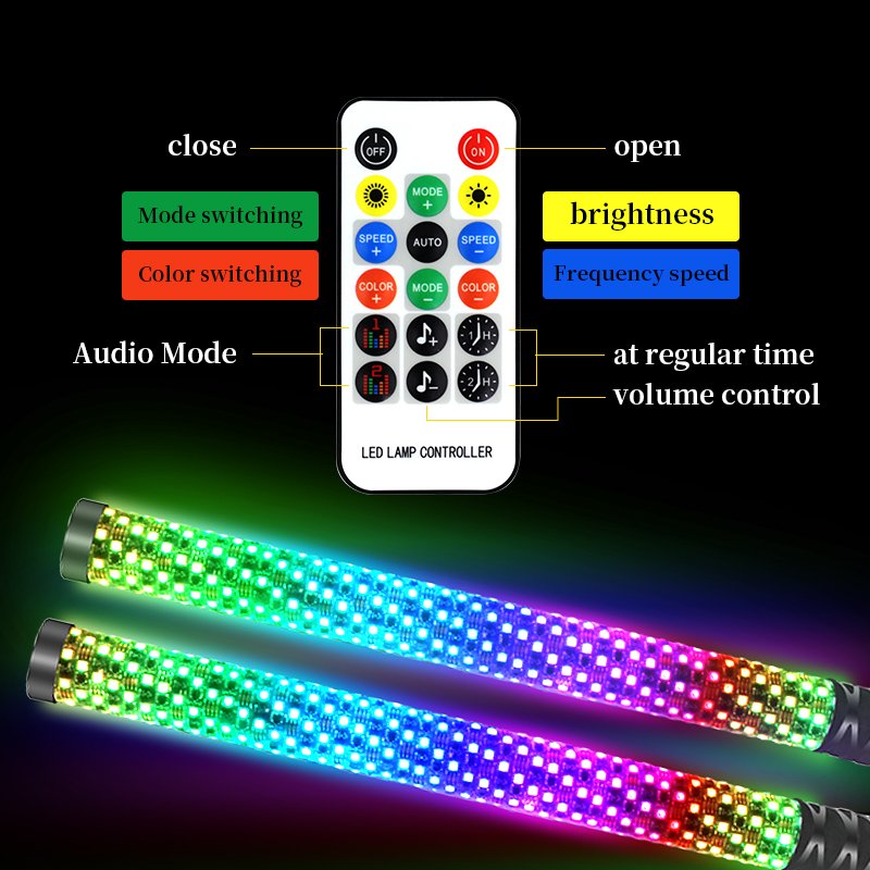 Hot Sell 1 ft 2ft 3ft Remote Bluetooth Control RGB Color Chasing Led Fat Whip for ATV UTV Truck