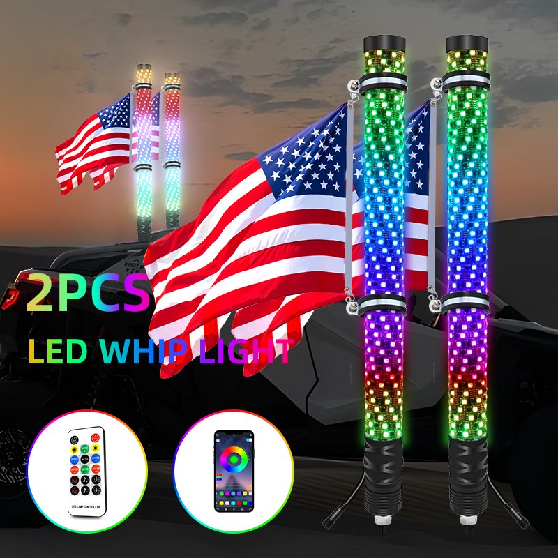 Hot Sell 1 ft 2ft 3ft Remote Bluetooth Control RGB Color Chasing Led Fat Whip for ATV UTV Truck