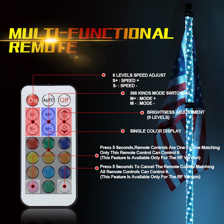 3FT LED Whip Light Remote Control LED Spiral Flag Pole RGB Chase Light Antenna LED Lighted Whip for SXS UTV RZR Can-Am Truck