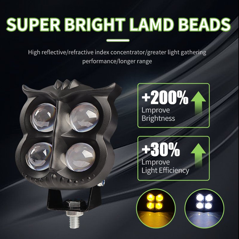 4-Eye Owl Design LED Driving Spotlight 40W White Yellow Dual Color Hi Lo Beam Universal Motorcycle Headlamp for Moto Car ATV 4WD
