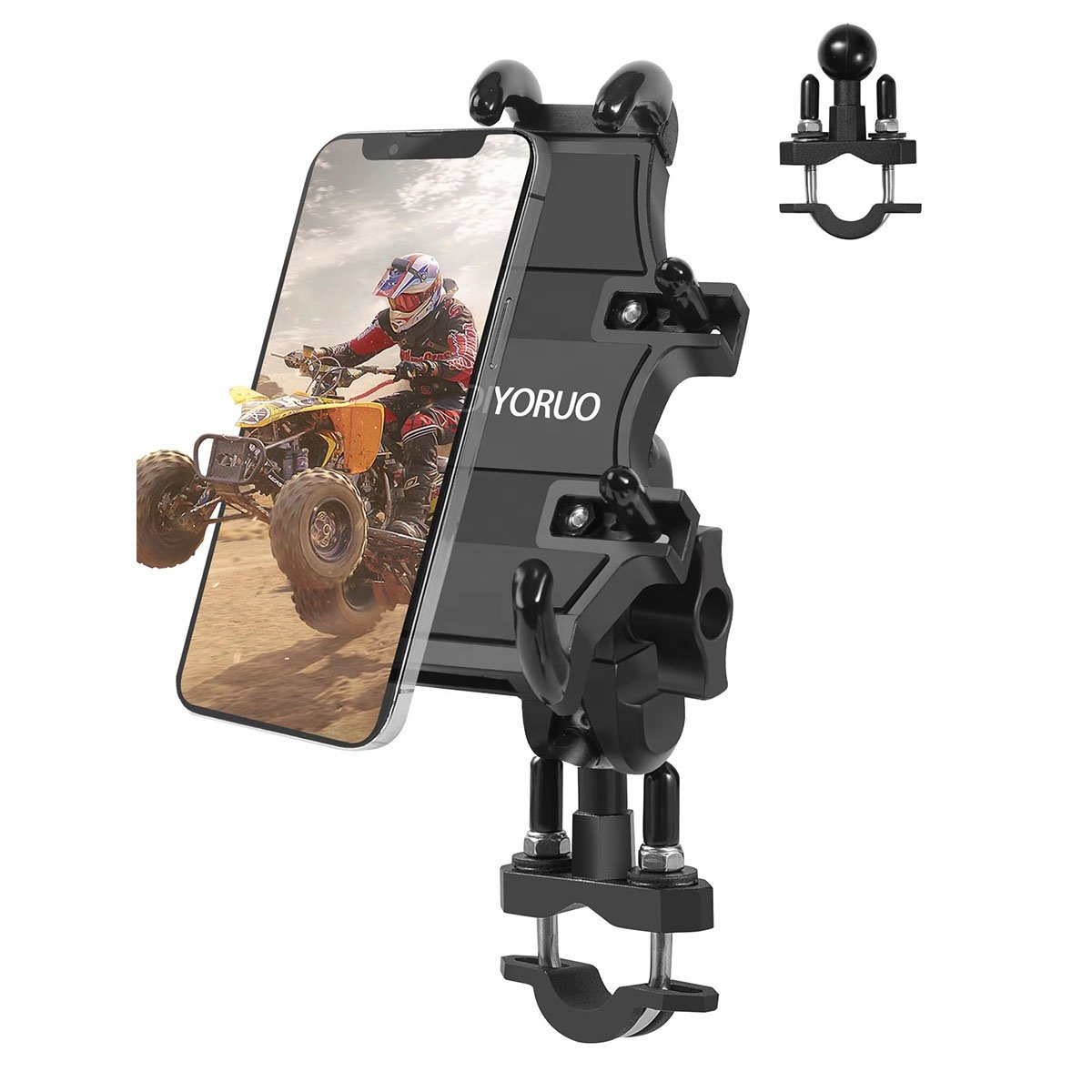 ATV Phone Holder, Quad Phone Mount, 8 Clamps Holds 4.7-7.1" Phones, One Hand Operation, Clip for 7/8-9/8" Handlebar