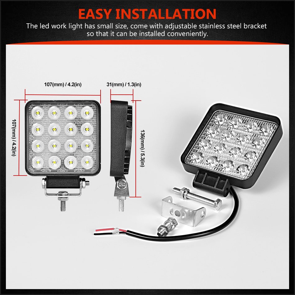4 Inch Square LED Work Light Spotlight 48W LED Light Bar for 4x4 Offroad ATV UTV Truck Tractor Motorcycle Fog Lights