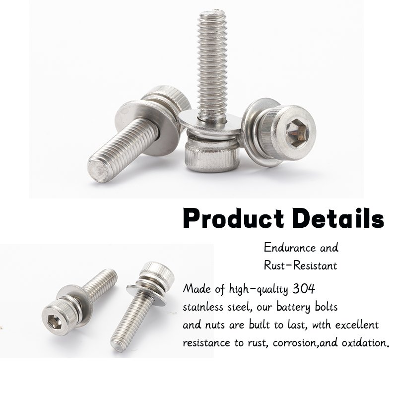 High-Quality Stainless Steel Battery Screw and Square Nuts Set, M6 X 10/12/16/18/20mm for Motorcycles and ATVs
