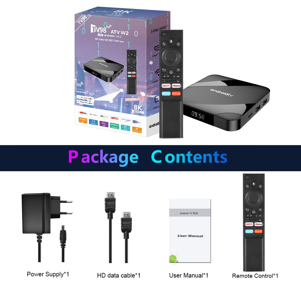 Manufacturer New Arrival Atv Voice Control TV 98 ATV W2 Smart Tv Box 8K 4GB 64GB WIFI5 Android14 Tv Box