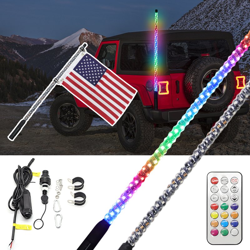 LED Flagpole Light RF Remote Control RGB LED Whips Light for Off-Road Vehicle ATV SUV With Dancing/Chasing Light Car Accessories