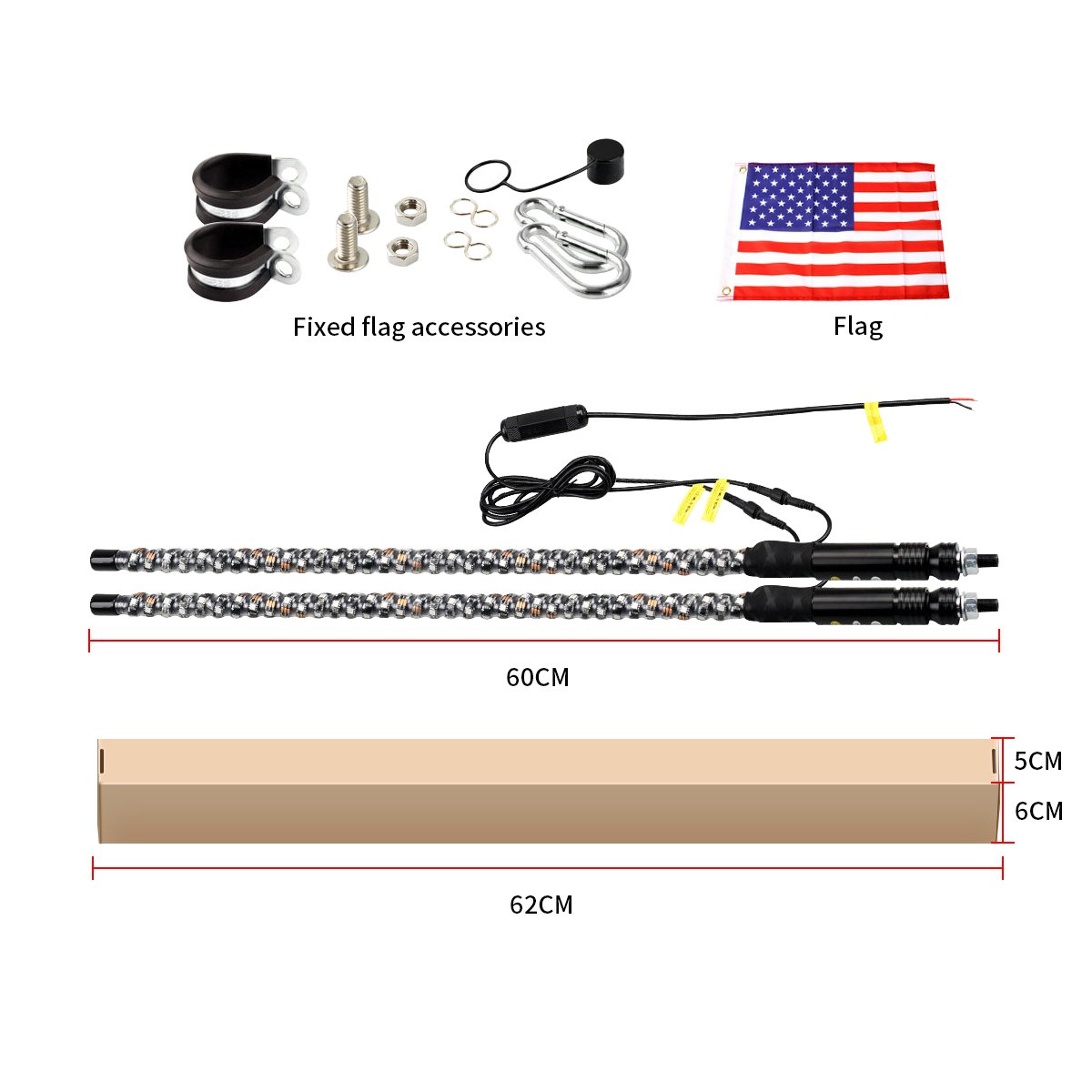 2x ATV Accessories Spiral LED Antenna Whip Light for RZR Can-Am Polaris with 21 Modes 20 Colors RF Wireless Remote & USA Flag