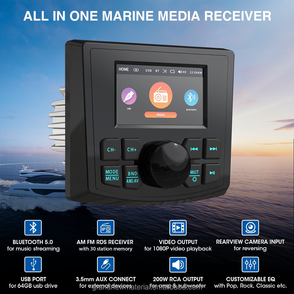 GRANDnavi 3inch Marine Stereo IPX5 Waterproof Subwoofer MP5 Player BT FM AM Boat Marine Radio for Gauge ATV UTV SUV RV Golf