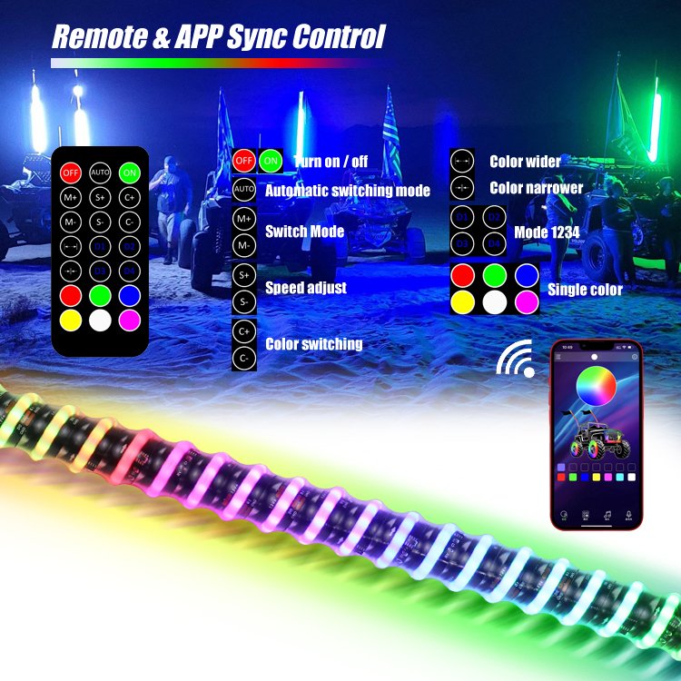 3FT 4FT 5FT Chase RGB App and Remote Control Whip Light with COB LED Brighter Strong UTV ATV Whip Antenna Flag Pole Light
