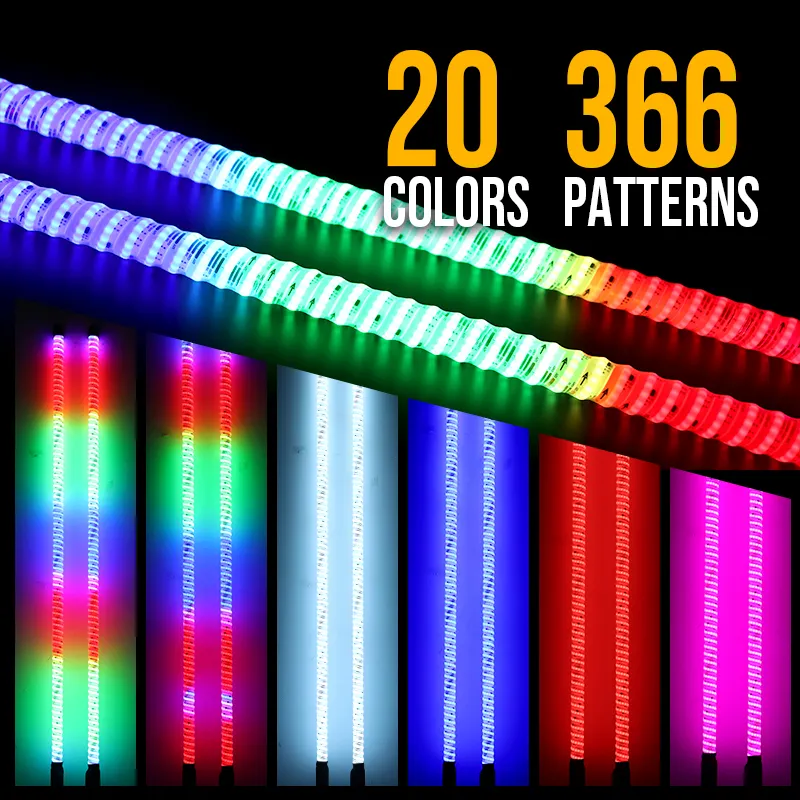 3FT 4FT 5FT Chase RGB App and Remote Control Whip Light with COB LED Brighter Strong UTV ATV Whip Antenna Flag Pole Light
