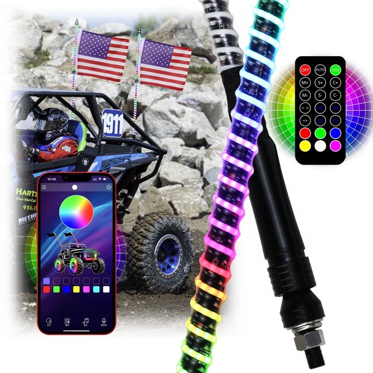 Needle Wiring 4ft 6ft Spiral COB LED Whip Lights Dancing Colors UTV Whip Antenna APP Control and Remote Control for Atv UTV
