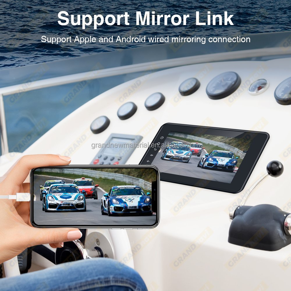 GRANDnavi 8 Inch Touch Screen IPX6 Wireless Carplay Android Auto Marine Stereo BT for Boat Yacht ATV UTV