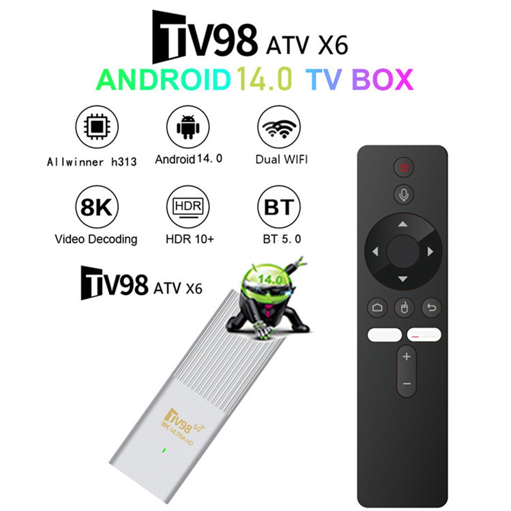 TV98 ATV X6 Smart TV Stick Android 14 Support 8K Video BT5.0 WiFi 6 2GB 8GB Allwinner H313 Quad Core Voice Remote Smart TV Box