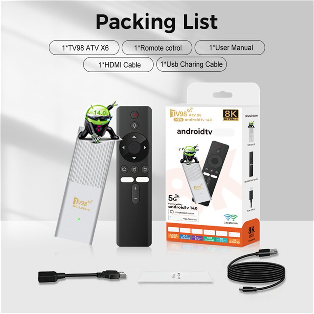 TV98 ATV X6 Smart TV Stick Android 14 Support 8K Video BT5.0 WiFi 6 2GB 8GB Allwinner H313 Quad Core Voice Remote Smart TV Box