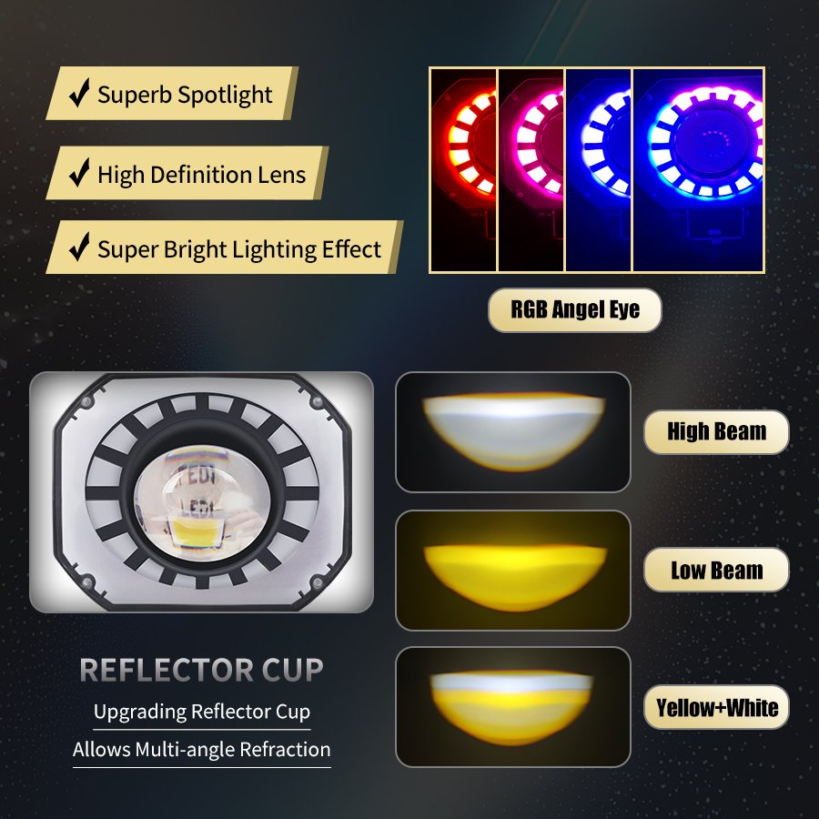12V Motorcycle Headlight Colorful RGB Fog Lamps Projector Additional LED Auxiliary Spotlight Light for 4X4 Off-road ATV SUV UTV