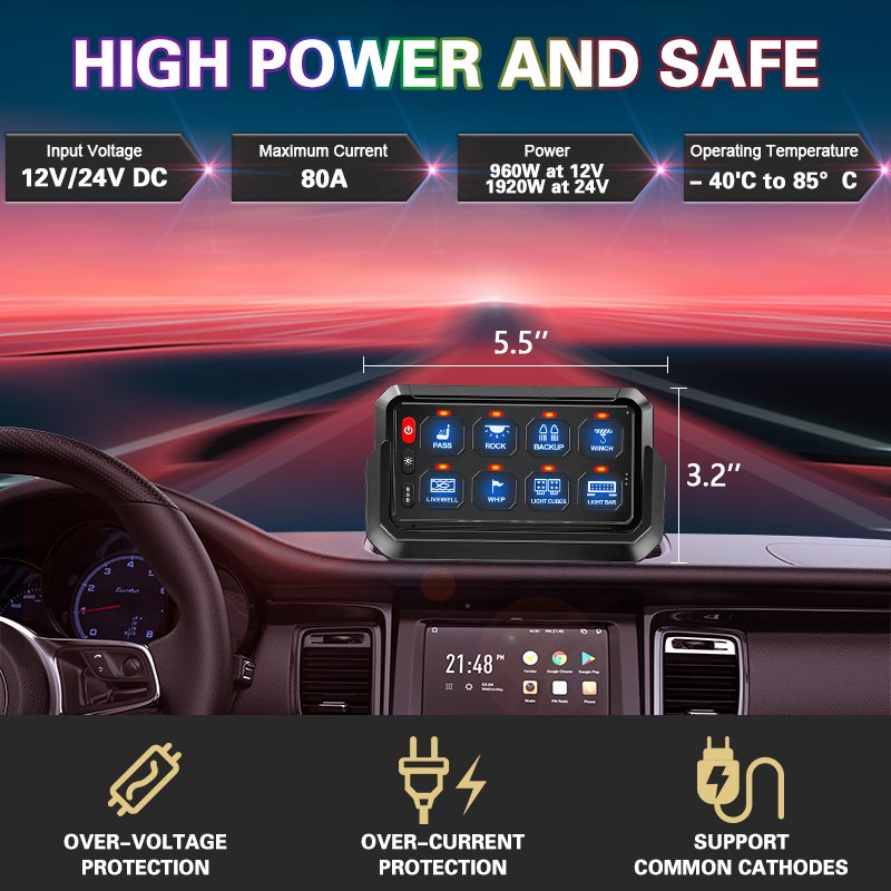 Wireless Switch Panel 8 Gang Automatic Dimmable 12v 24v Rgb Wireless Switch Panel for UTV SUV ATV Truck Marine