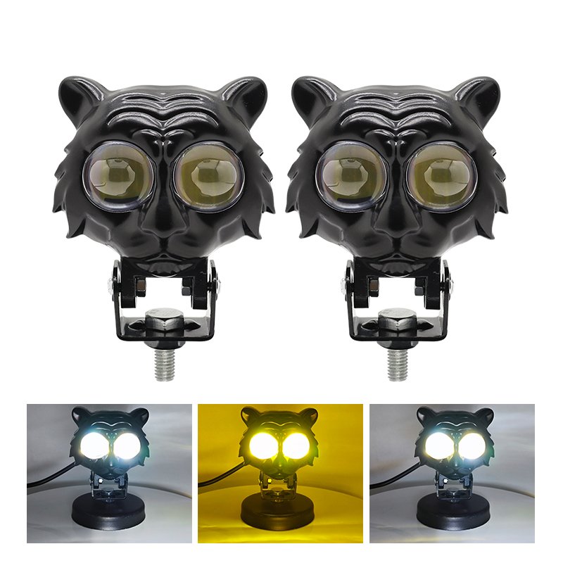 Tiger Design Motorcycle Spotlights Dual Color LED Spot Light White Yellow Work Light Car Styling for Street Bike Car ATV 4WD