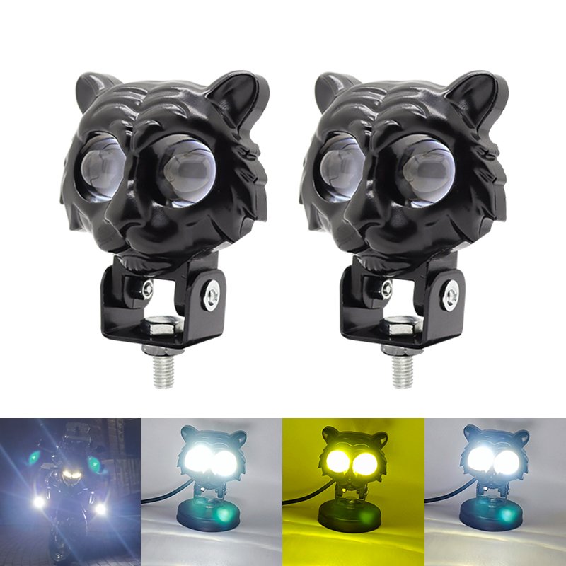 Tiger Design Motorcycle Spotlights Dual Color LED Spot Light White Yellow Work Light Car Styling for Street Bike Car ATV 4WD