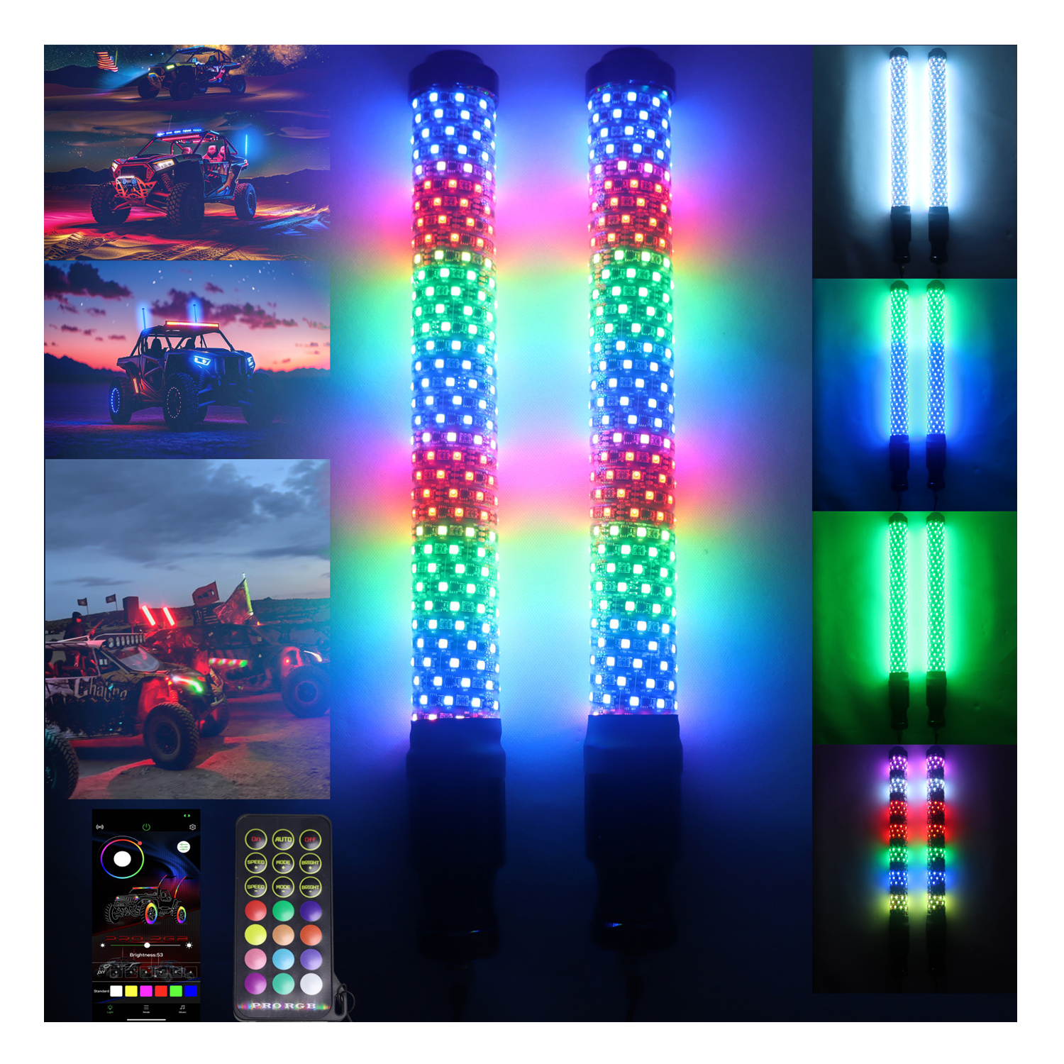 RF Remote Control 2FT RGB LED Whip Light Chasing Lights Antenna Whips for Can Am ATV UTV RZR Polaris