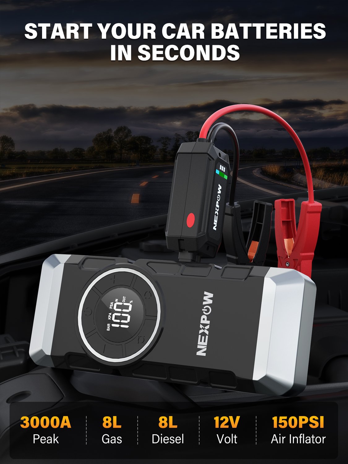 12V Car Jump Starter With Air Compressor 150PSI Tire Inflator 4 In1 Portable Battery Booster 3000A