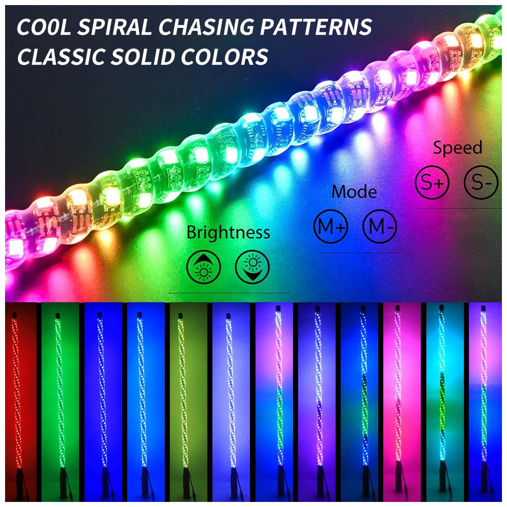 Flexible Led Whip Rzr 360 Degree Spiral RGB Antennas Twisted Accessories Remote LED Whip Lights 3/4/5/6 FT for UTV Off- Road ATV