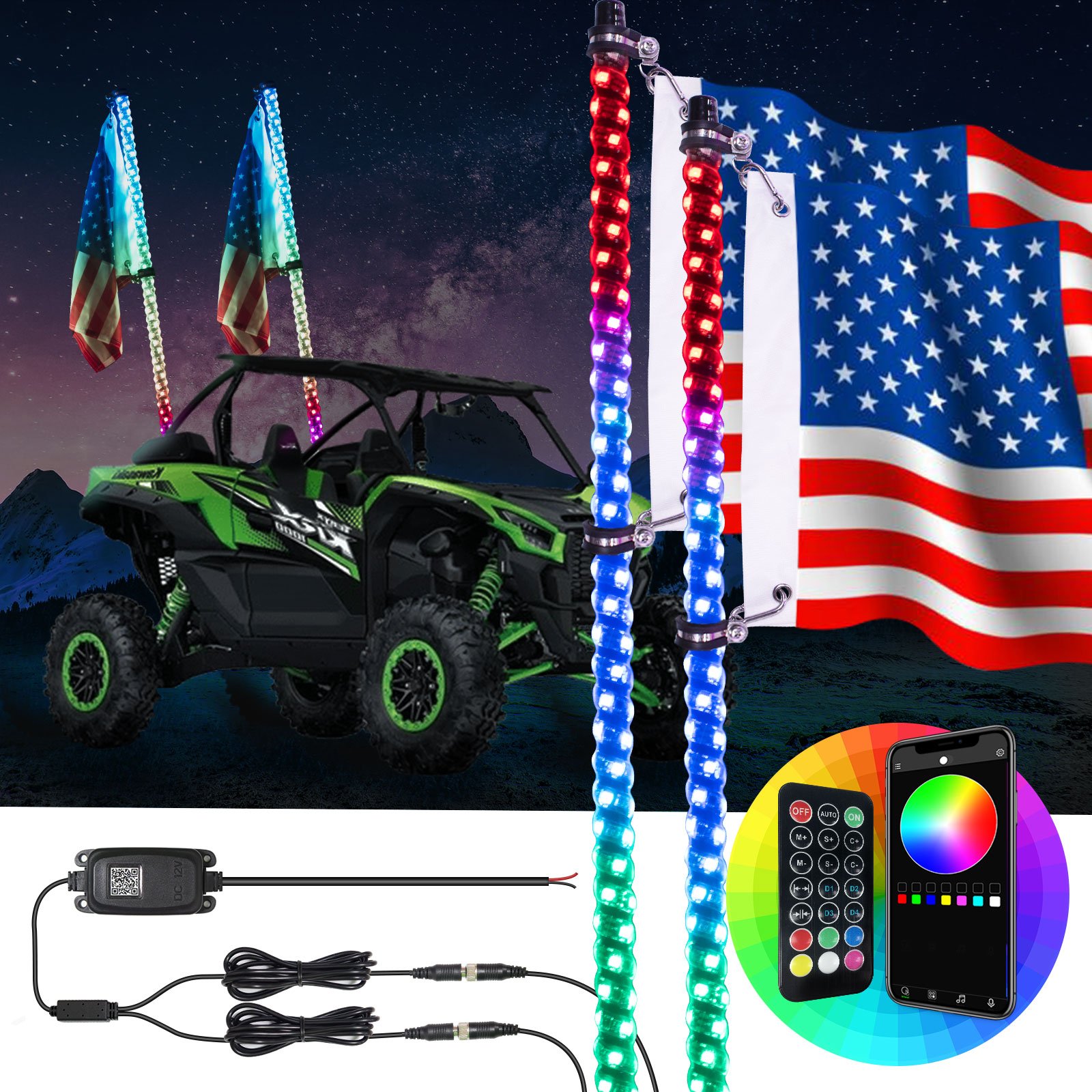 2PCS 4FT Whip Led Lights RGB 360 Degree Spiral Chasing LED Remote Control with Turn signal and Brake Light