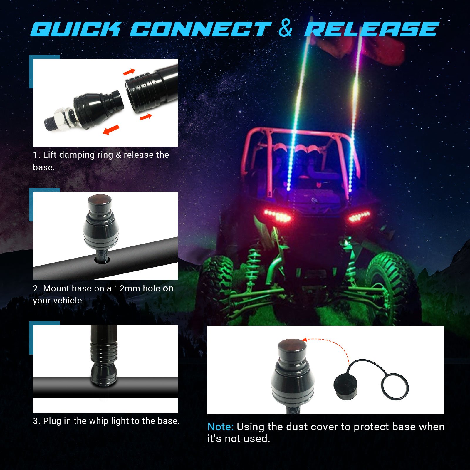 2PCS 4FT Whip Led Lights RGB 360 Degree Spiral Chasing LED Remote Control with Turn signal and Brake Light