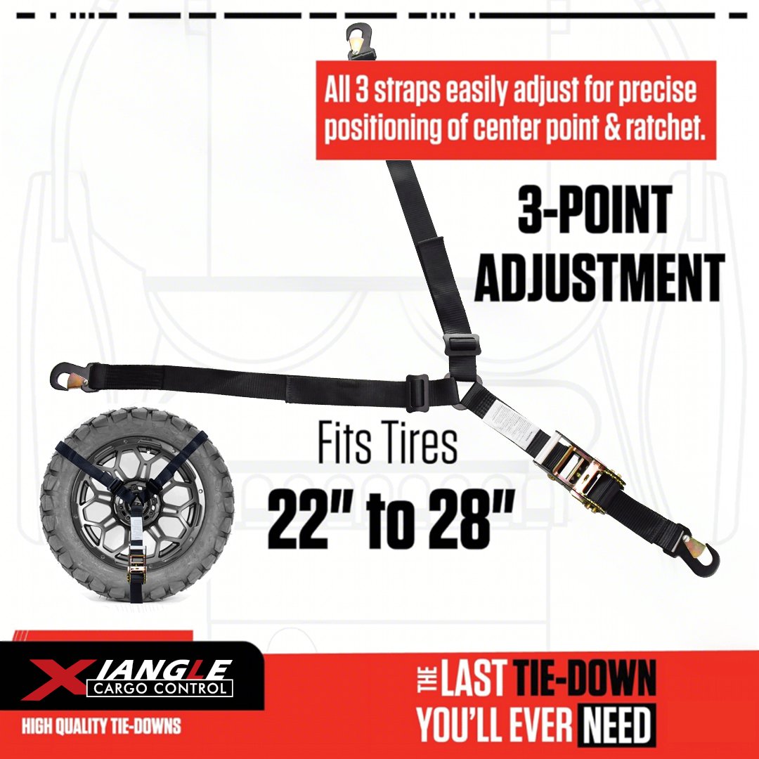 Fully Customized Y Way Strap 3-Point Spare Tire Tie Down Heavy Duty Ratchet Straps for UTV, Off Road Trucks, ATV, Roof Rack