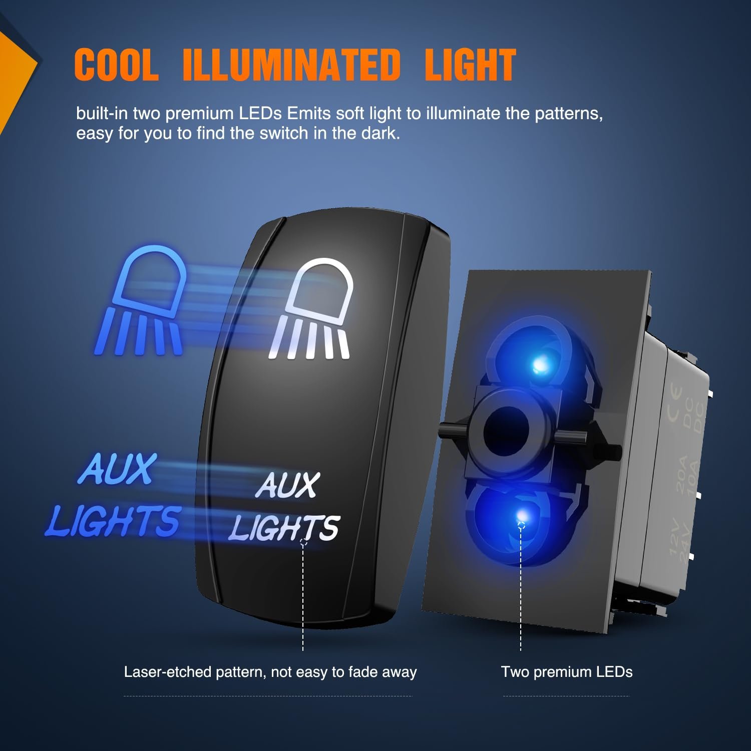Aux Lights Rocker Switch LED Light 5 Pin on Off Laser 12V 24V Blue Rocker Switch 20A with Wiring for Car Truck Boat ATV UTV RV
