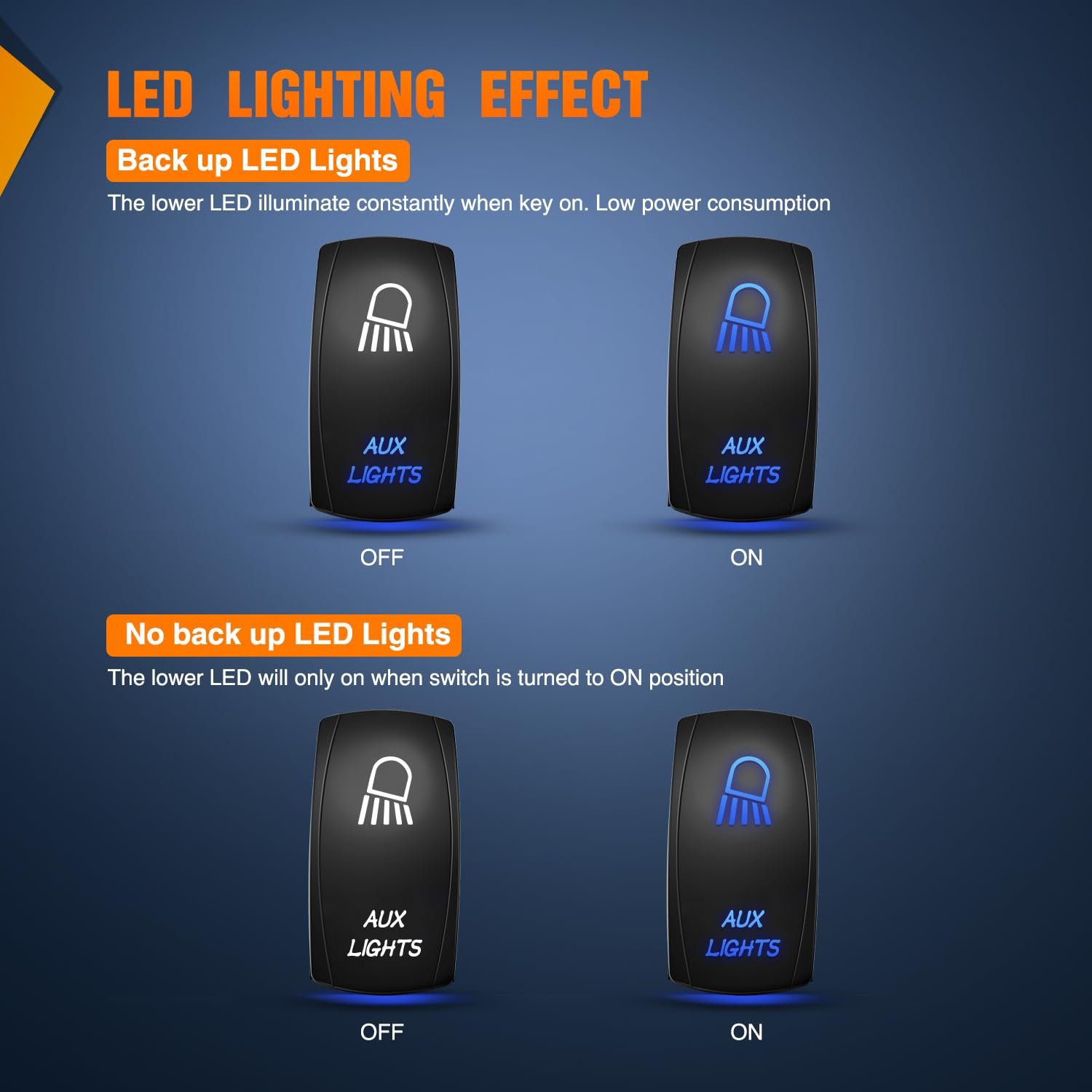 Aux Lights Rocker Switch LED Light 5 Pin on Off Laser 12V 24V Blue Rocker Switch 20A with Wiring for Car Truck Boat ATV UTV RV
